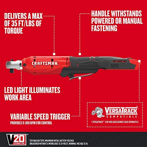 CRAFTSMAN V20 Cordless Ratchet Wrench, 3/8 inch Drive, 300 RPM, up to 35 ft-lbs of Torque, Bare Tool Only (CMCF930B) - Image 11