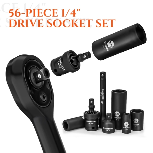 1/4" Drive Impact Socket Set, Cr-V Steel, 6 Point, 56-Piece Standard Metric (4-15mm) and SAE (5/32-Inch to 9/16-Inch) Sockets with Adapters & Ratchet Handle, Extension Bars, Universal Joint - Image 6