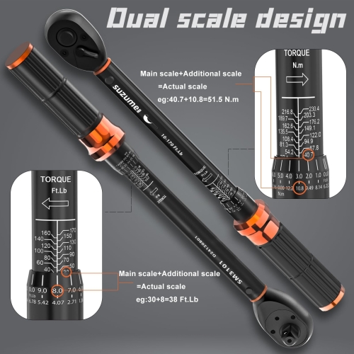 SUZUME 3PCS Torque Wrench Set 72 Teeth Dual-Direction Adjustable Torque Wrench Dual-Scales 1/4 & 3/8 & 1/2-Inch ±3% Accuracy Click Torque Wrenches for Bicycle, Motorcycle, Car,Maintenance - Image 5