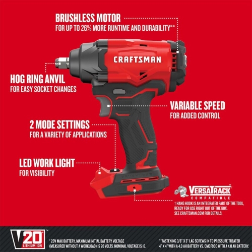 CRAFTSMAN V20 Cordless Impact Wrench, 1/2 inch, Bare Tool Only (CMCF920B) - Image 11