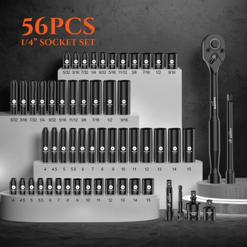 1/4" Drive Impact Socket Set, Cr-V Steel, 6 Point, 56-Piece Standard Metric (4-15mm) and SAE (5/32-Inch to 9/16-Inch) Sockets with Adapters & Ratchet Handle, Extension Bars, Universal Joint - Image 2