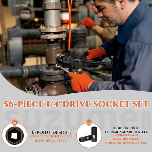 1/4" Drive Impact Socket Set, Cr-V Steel, 6 Point, 56-Piece Standard Metric (4-15mm) and SAE (5/32-Inch to 9/16-Inch) Sockets with Adapters & Ratchet Handle, Extension Bars, Universal Joint - Image 5