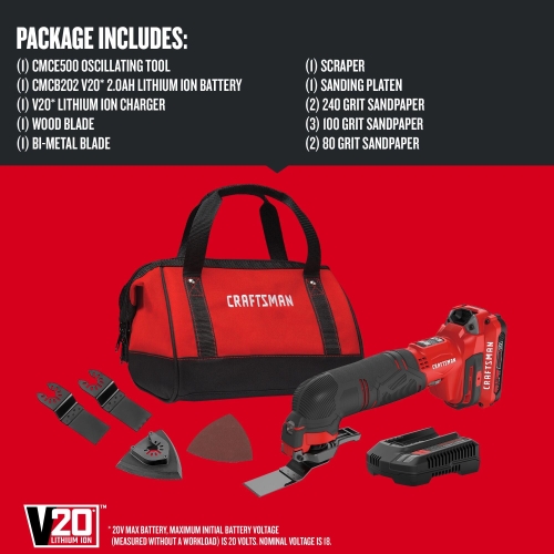 CRAFTSMAN V20 Cordless Multi-Tool, Oscillating Tool Kit, 16 Piece Kit with Blades, Sand Paper, Battery and Charger Included (CMCE500D1) - Image 14