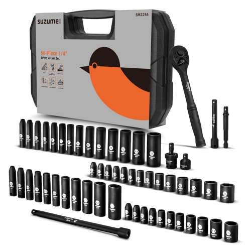 1/4" Drive Impact Socket Set, Cr-V Steel, 6 Point, 56-Piece Standard Metric (4-15mm) and SAE (5/32-Inch to 9/16-Inch) Sockets with Adapters & Ratchet Handle, Extension Bars, Universal Joint