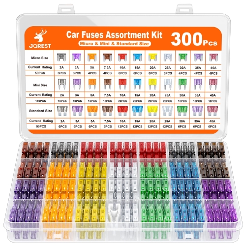 JOREST 300Pcs Car Fuse Assortment Kit, 160 Mini Blade Fuses Automotive + 90 Standard Auto Fuses + 50 Micro Fuse + 1 Puller – for Car/RV/Truck/Motorcycle(2Amp 3A 5A 7.5A 10A 15A 20A 25A 30A 35A 40A)
